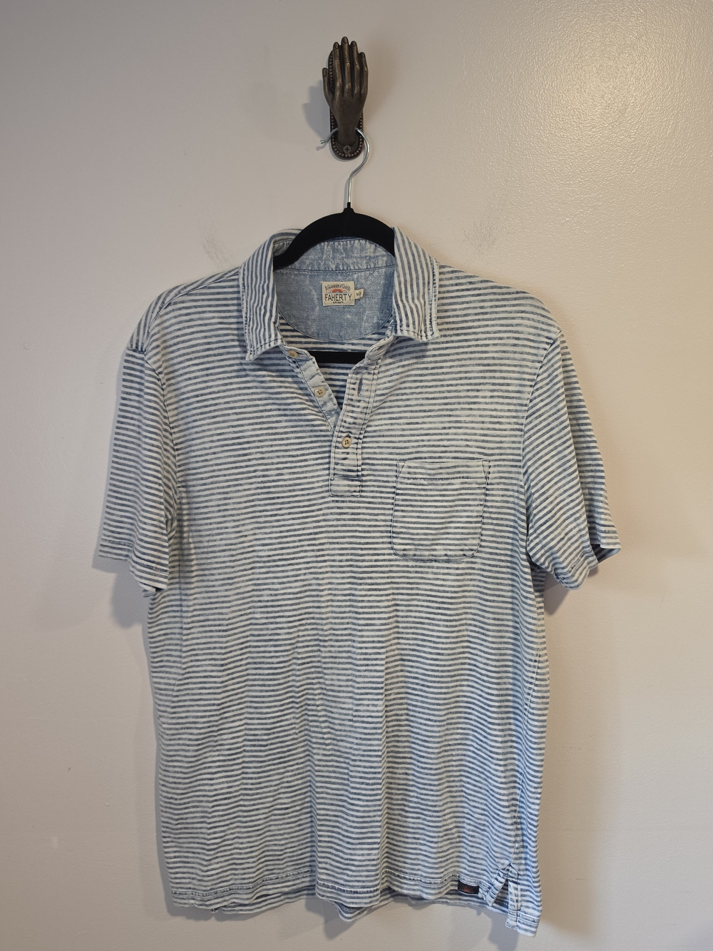 Faherty Cotton Light Blue and White Striped Polo Shirt Men's SZ Med